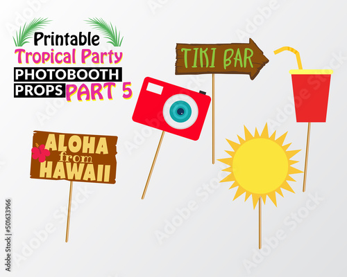 Set of printable tropical party photo booth props inspired by summer, sunshine and cruise vacations. Camera, juice, wooden sign aloha from hawaii, sun and wooden sign tiki bar. Hawaii vector elements.