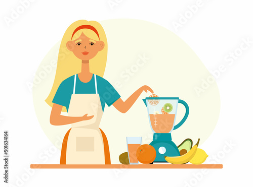 Young pretty woman makes a drink, smoothie in a blender from different fruits. The concept of healthy eating. Vector