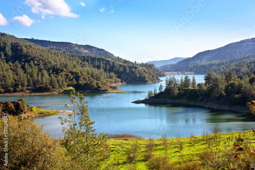 Mediterranean landscape - view of the Arminou Reservoir on the Dhiarizos River at the Troodos Mountains in the Paphos District, Republic of Cyprus © rustamank