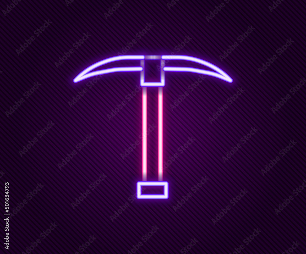 Glowing neon line Pickaxe icon isolated on black background. Colorful outline concept. Vector Glowing neon line Pickaxe icon isolated on black background. Colorful outline concept. Vector
