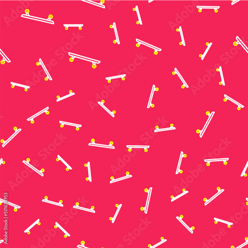 Line Longboard or skateboard cruiser icon isolated seamless pattern on red background. Extreme sport. Sport equipment. Vector