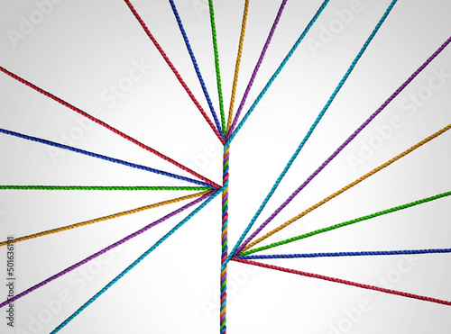 Branching out concept as a diverse rope splintering into other connected networks as a symbol for business or corporate expansion as ropes multiplying into groups. photo