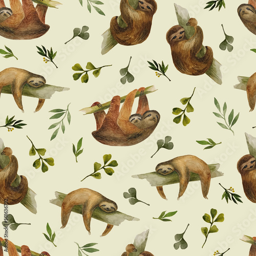 Colorful seamless pattern watercolor sloths in trendy style. Vintage illustration for fabric design.