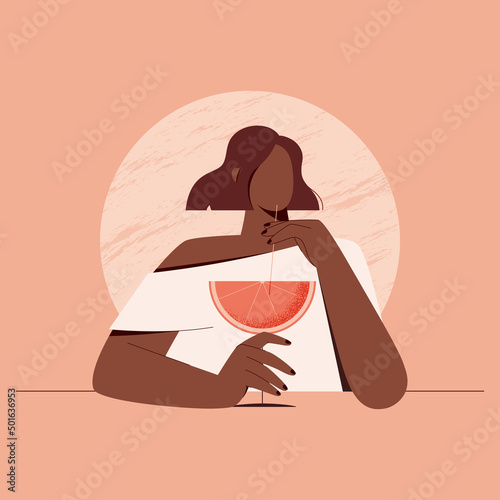 Woman drinking orange juice. Vector illustration of cute woman holding fresh orange juice. Refreshing cocktail. Summer time. Banner for juice, smoothie, cocktail bar.