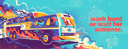 Photo Summer background design in abstract style with retro bus and colorful splashing shapes