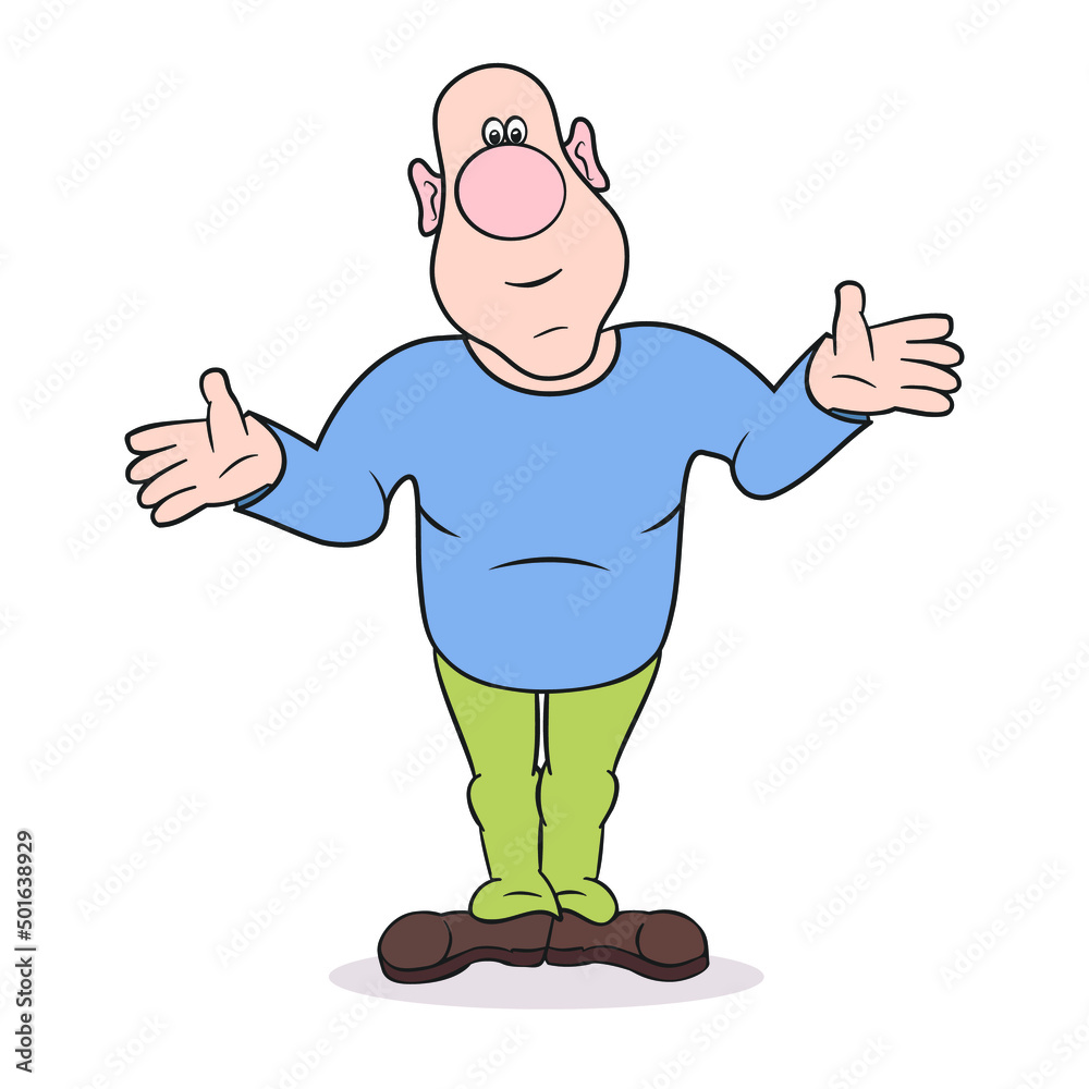 funny bald man spread his arms inquiringly, cartoon, on a white background