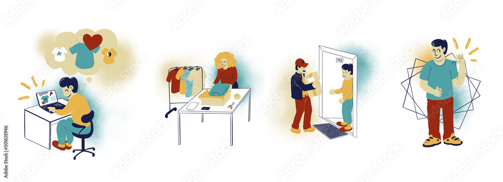 A set of illustrations showing how an online t-shirt shop works. From online purchase to packaging and courier to the buyer