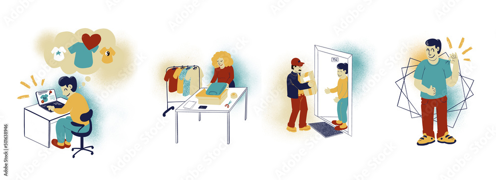 A set of illustrations showing how an online t-shirt shop works. From online purchase to packaging and courier to the buyer A set of illustrations showing how an online t-shirt shop works. From online purchase to packaging and courier to the buyer