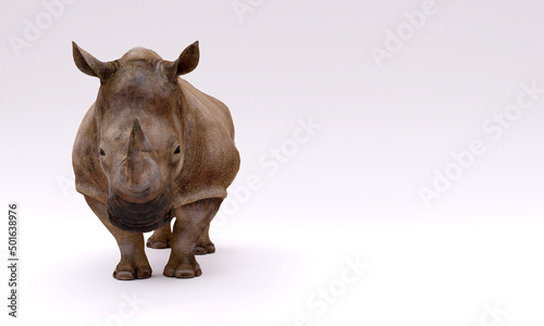 3d image, huge rhinoceros, on white background, copy space, 3d rendering