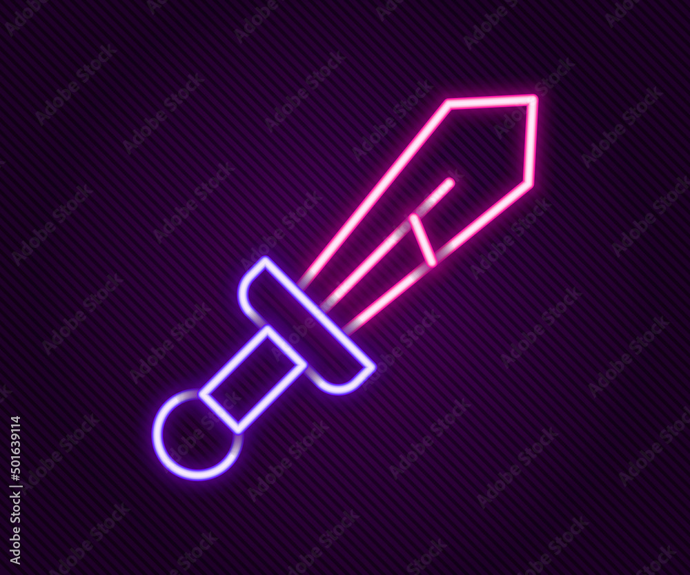 Glowing neon line Medieval sword icon isolated on black background. Medieval weapon. Colorful outline concept. Vector Glowing neon line Medieval sword icon isolated on black background. Medieval weapon. Colorful outline concept. Vector