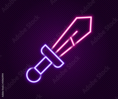 Glowing neon line Medieval sword icon isolated on black background. Medieval weapon. Colorful outline concept. Vector