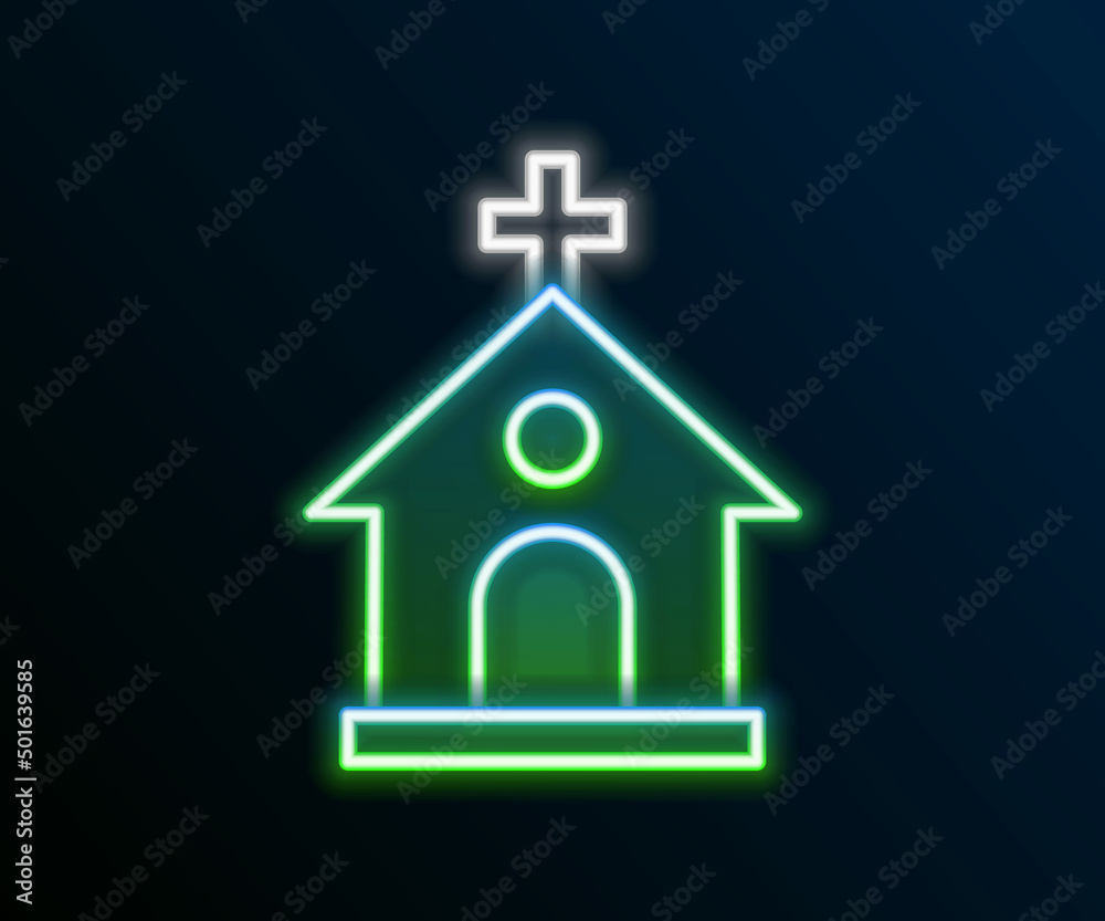 Glowing neon line Church building icon isolated on black background. Christian Church. Religion of church. Colorful outline concept. Vector Glowing neon line Church building icon isolated on black background. Christian Church. Religion of church. Colorful outline concept. Vector