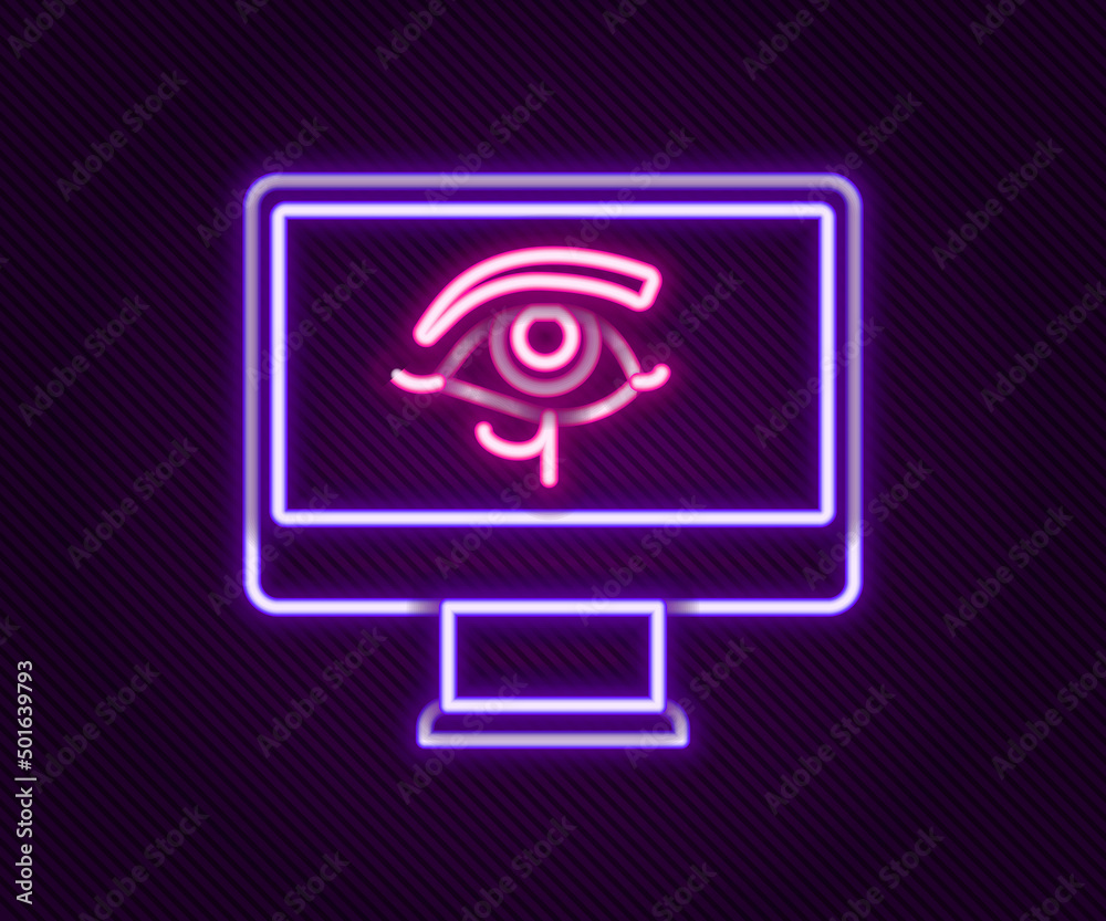 Obraz premium Glowing neon line Eye of Horus on monitor icon isolated on black background. Ancient Egyptian goddess Wedjet symbol of protection, royal power and good health. Colorful outline concept. Vector