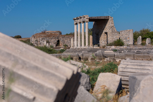 The Ionic Stoa on the Sacred Way, Miletus, Turkey. Ancient columns and ruins of ancient greek city.