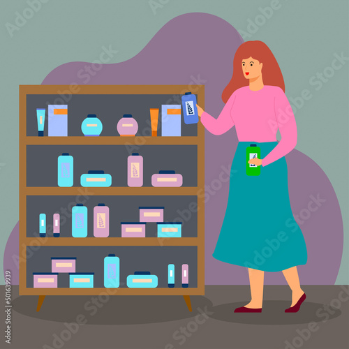 Photos woman is choosing products on the market shelf, concept illustration image