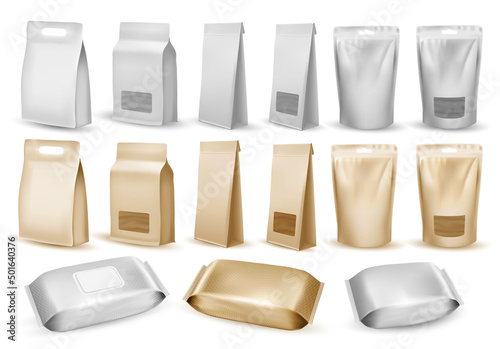 Collection of polypropylene plastic and paper packaging. Packaging for foods and goods template mock-up. Doypack bags for food. Vector illustration