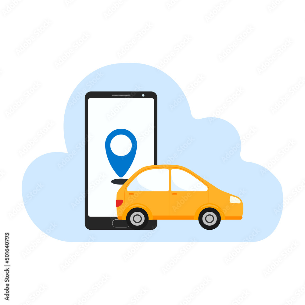 Flat map on smartphone renting car. driver using car sharing app on phone and searching vehicle. vector illustration for transport urban traffic, location app concept Flat map on smartphone renting car. driver using car sharing app on phone and searching vehicle. vector illustration for transport urban traffic, location app concept