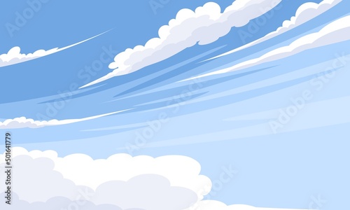 Vector illustration, blue sky with white clouds, as background or banner image, International Day of Clean Air for Blue Skies.