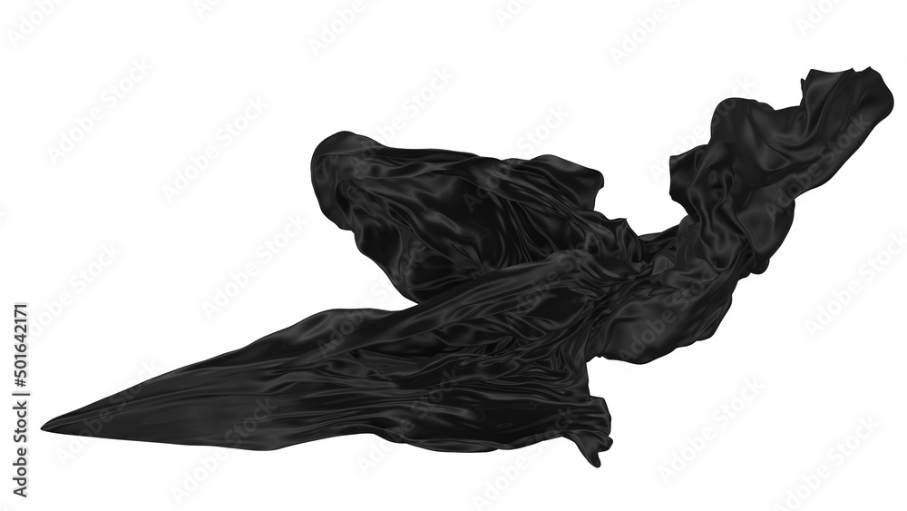 Beautiful flowing fabric of black wavy silk or satin. 3d rendering image. Beautiful flowing fabric of black wavy silk or satin. 3d rendering image.