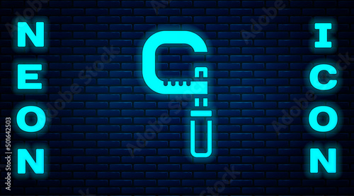 Glowing neon Micrometer icon isolated on brick wall background. Measuring engineer tool. Universal device designed to measure linear dimensions. Vector