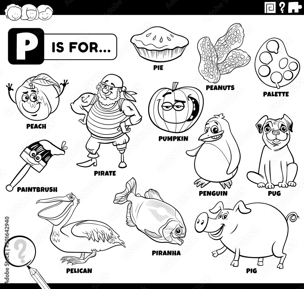 letter p words educational set coloring book page Stock Vector | Adobe Stock