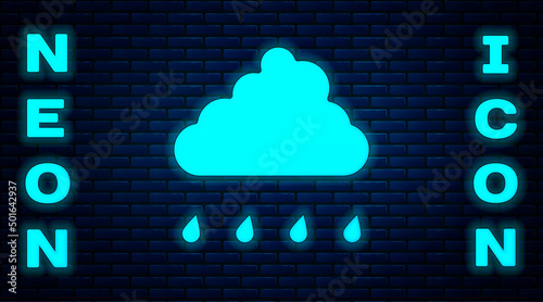 Glowing neon Cloud with rain icon isolated on brick wall background. Rain cloud precipitation with rain drops. Vector