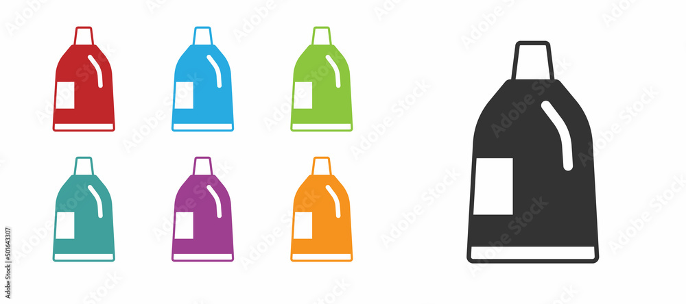 Black Plastic bottle for laundry detergent, bleach, dishwashing liquid or another cleaning agent icon isolated on white background. Set icons colorful. Vector