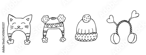 A set of hand-drawn winter clothing. Vector illustration in doodle style. Winter mood. Hello 2023. Merry Christmas and Happy New Year. Black hats and earmuff on a white background.
