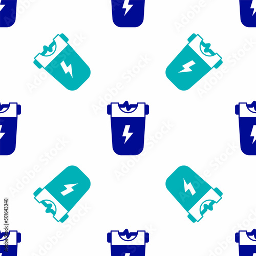 Blue Police electric shocker icon isolated seamless pattern on white background. Shocker for protection. Taser is an electric weapon. Vector