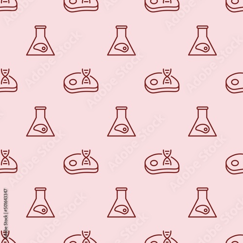 Lab grown meat seamless hand drawn pattern, cultured beef linear background template, vegan biological food icons repetitive vector illustration design, repeat doodle style wallpaper