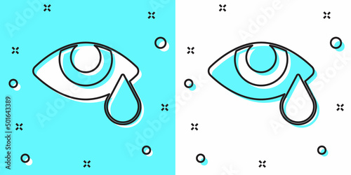 Black line Tear cry eye icon isolated on green and white background. Random dynamic shapes. Vector