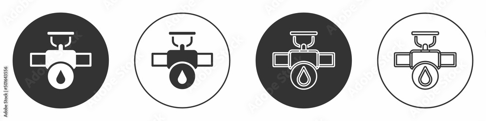 Black Industry metallic pipe and valve icon isolated on white background. Circle button. Vector Black Industry metallic pipe and valve icon isolated on white background. Circle button. Vector