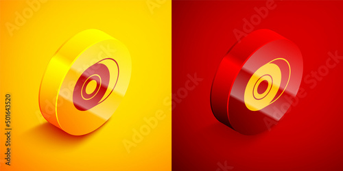 Isometric Skateboard wheel icon isolated on orange and red background. Skate wheel. Circle button. Vector