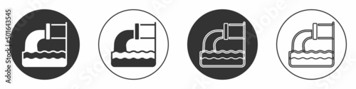 Black Wastewater icon isolated on white background. Sewer pipe. From the pipe flowing liquid into the river. Circle button. Vector