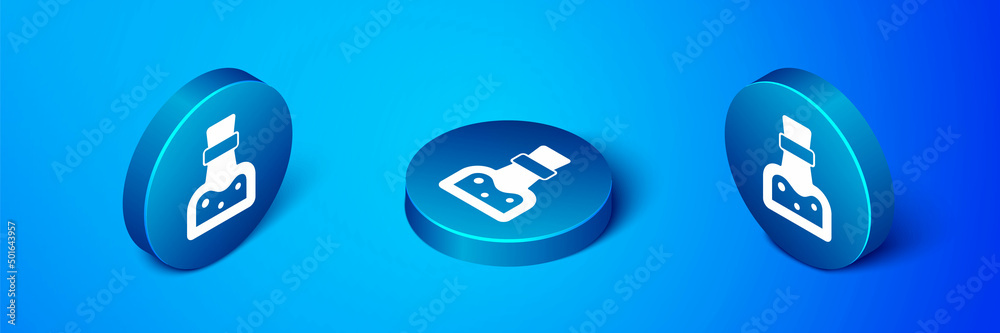 Isometric Bottle with potion icon isolated on blue background. Flask with magic potion. Happy Halloween party. Blue circle button. Vector
