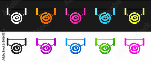 Set Two-handed saw and log icon isolated on black and white background. Vector