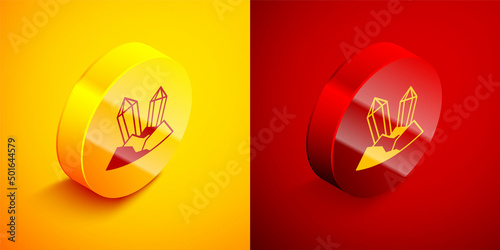 Isometric Gem stone icon isolated on orange and red background. Jewelry symbol. Diamond. Circle button. Vector