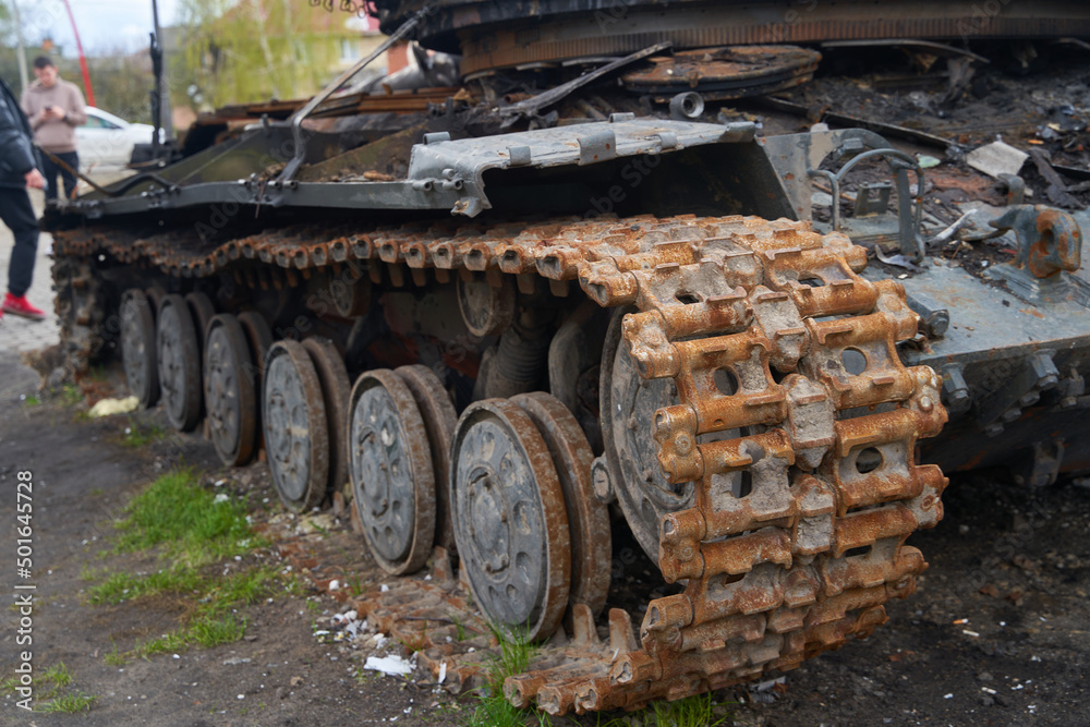 Broken tanks, combat vehicles and other burnt military equipment of the Russian invaders in Ukraine