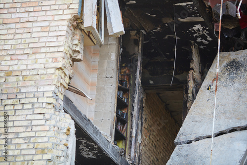 War of Russia against Ukraine. Residential building damaged by enemy aircraft in Ukrainian. Consequences of war  damaged grocery market by troops of Russian army. private house destroyed.