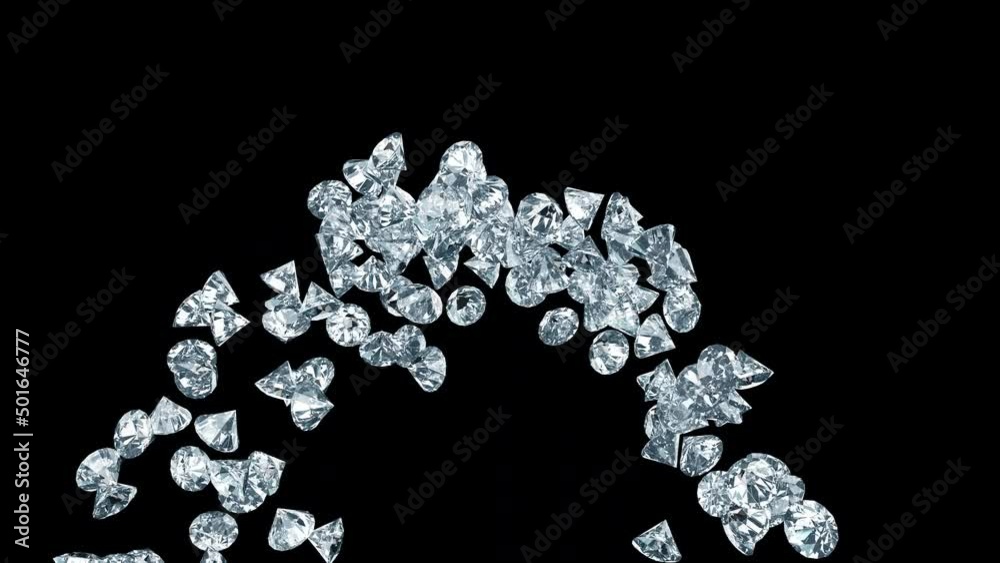 A 3D render of shiny diamonds pouring down on a transparent alpha channel in a seamless loop.