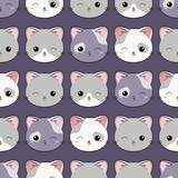 Koty - powtarzalny wzór - słodkie kotki na fioletowym tle. Uśmiechnięte, mrugające, zadowolone kocie głowy. Ilustracja wektorowa.