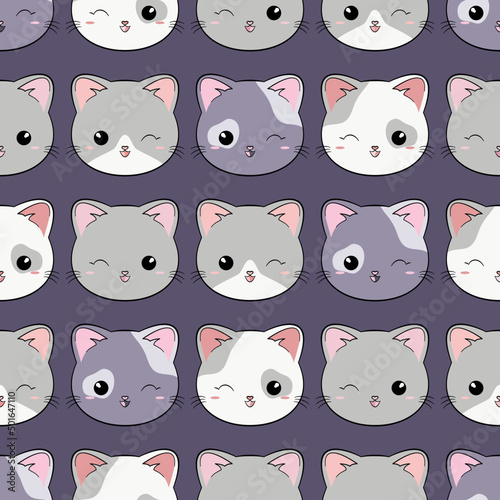 Koty - powtarzalny wzór - słodkie kotki na fioletowym tle. Uśmiechnięte, mrugające, zadowolone kocie głowy. Ilustracja wektorowa.