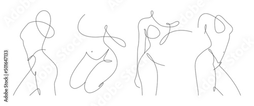 Set of elegant line art of erotic woman figure. Silhouette of female in contemporary one line style. Design element for for cosmetics advertising, posters, wall art, stickers. 