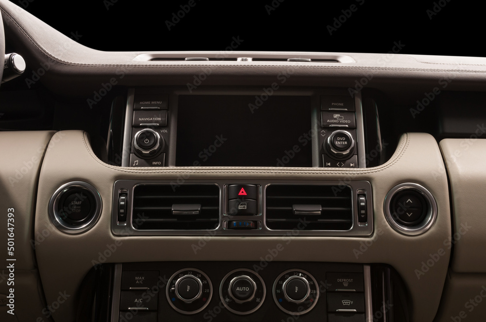 Modern car dashboard. Multimedia screen close-up. Interior detail. Modern car dashboard. Multimedia screen close-up. Interior detail.