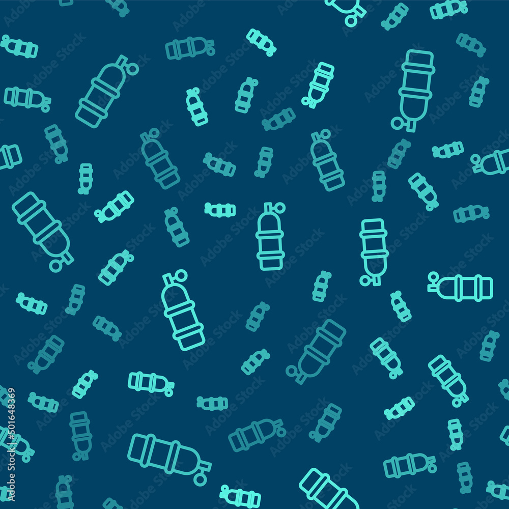 Green line Aqualung icon isolated seamless pattern on blue background. Oxygen tank for diver. Diving equipment. Extreme sport. Diving underwater equipment. Vector Green line Aqualung icon isolated seamless pattern on blue background. Oxygen tank for diver. Diving equipment. Extreme sport. Diving underwater equipment. Vector