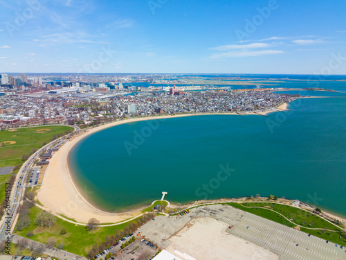 Fotografie Carson Beach and Dorchester Penninsula historic district aerial view in spring from South Boston, Massachusetts MA, USA