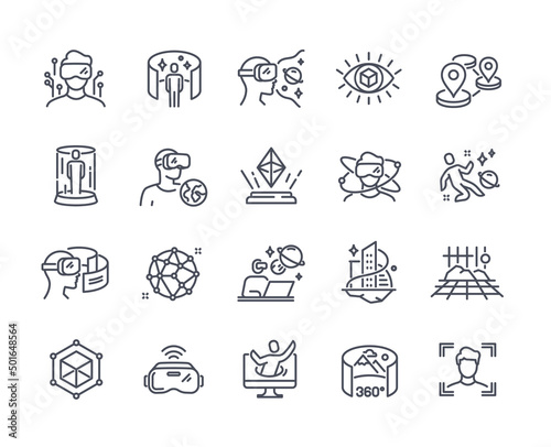 Metaverse line icon set. Minimalistic stickers with virtual reality, modern technologies and innovative gadgets. Futuristic world. Cartoon flat vector collection isolated on white background