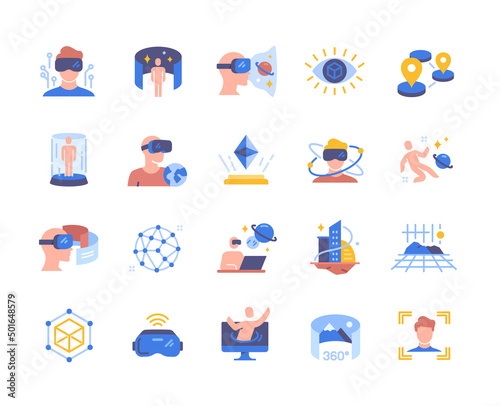 Colorful set of metaverse icons. Bright stickers with computer games, VR digital glasses, modern technologies and gadgets. Futuristic world. Cartoon flat vector collection isolated on white background