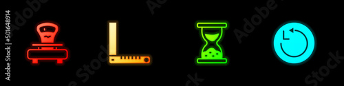 Set Scales, Corner ruler, Old hourglass with sand and Radius icon. Vector