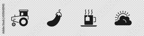 Set Tractor  Eggplant  Cup of tea with tea bag and Sun and cloud weather icon. Vector